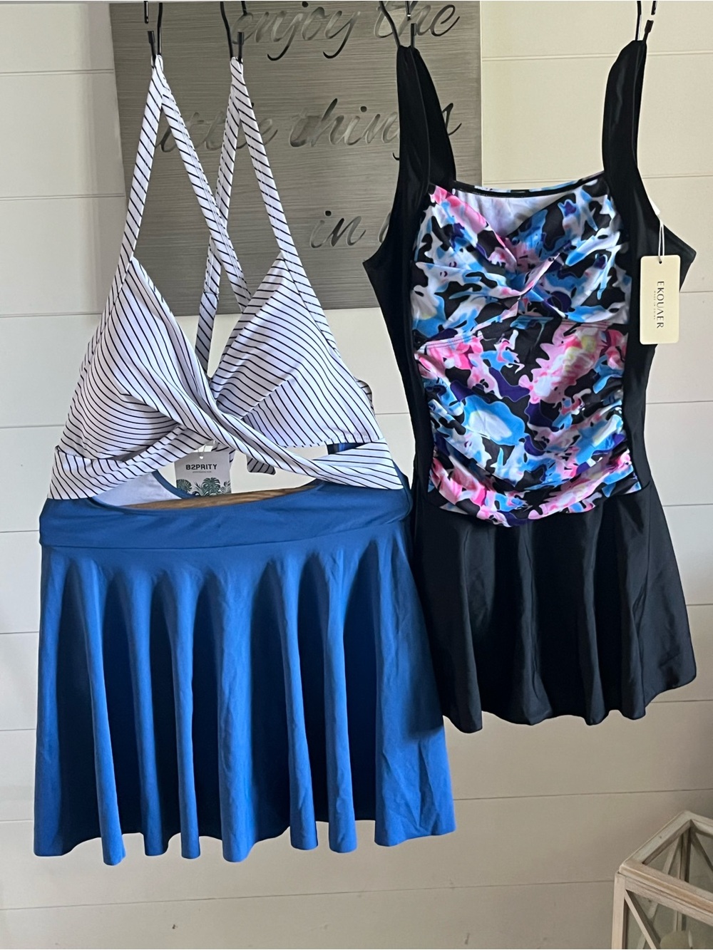 Prolific Floral Ruched Black & Blue Black Stripe One-Piece Swim Dress 2for1$